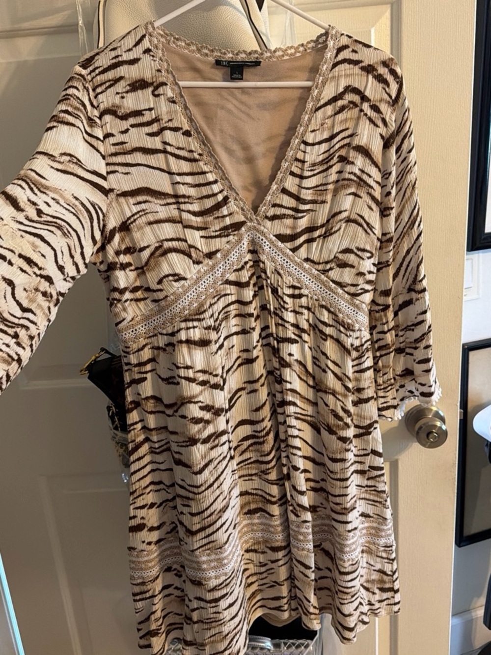 INC International Concepts Beige & Brown Animal Print V-Neck Dress